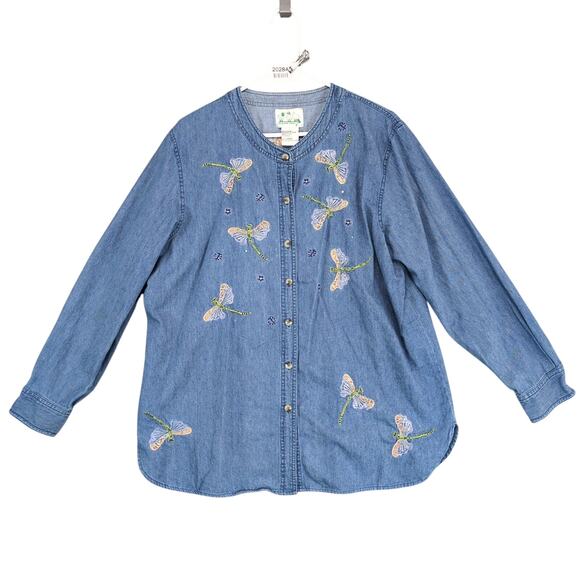 Vtg Quacker Factory Women's L Embroidered Dragonfly Floral Button Up Denim Shirt - Picture 1 of 6